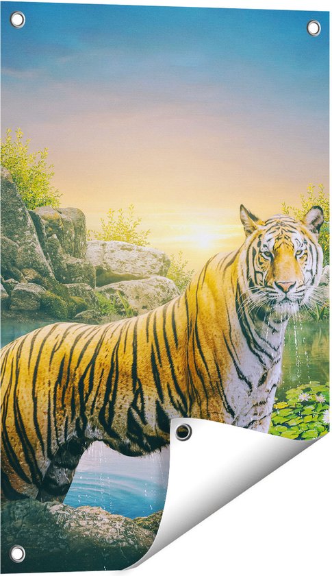 Gards Tuinposter Luipaard in een Vijver bij Zonsondergang - 40x60 cm - Tuindoek - Tuindecoratie - Wanddecoratie buiten - Tuinschilderij