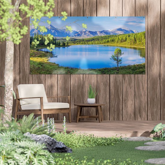 Affiche de jardin Gards Lac près des Montagnes dans la forêt - 180x90 cm - Toile de jardin - Décoration de jardin - Décoration murale extérieure - Peinture de jardin