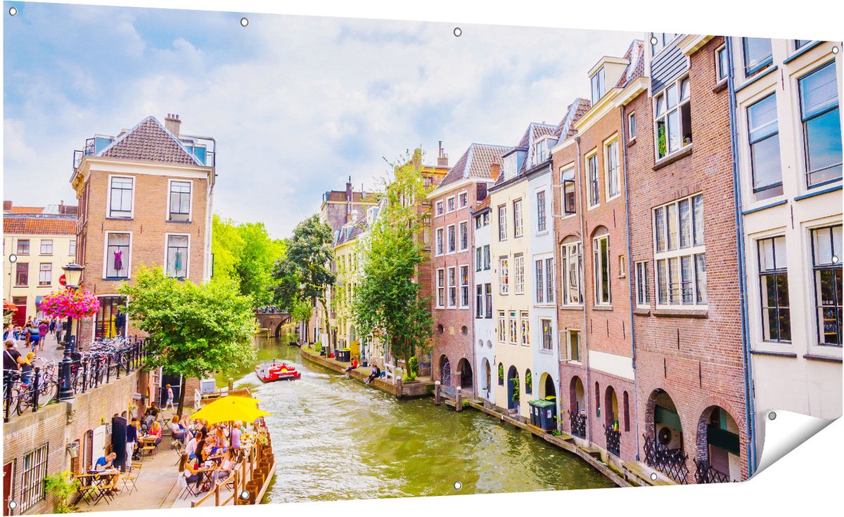 Gards Tuinposter Huizen aan de Oudegracht in Utrecht - 200x100 cm - Tuindoek - Tuindecoratie - Wanddecoratie buiten - Tuinschilderij Multikleur