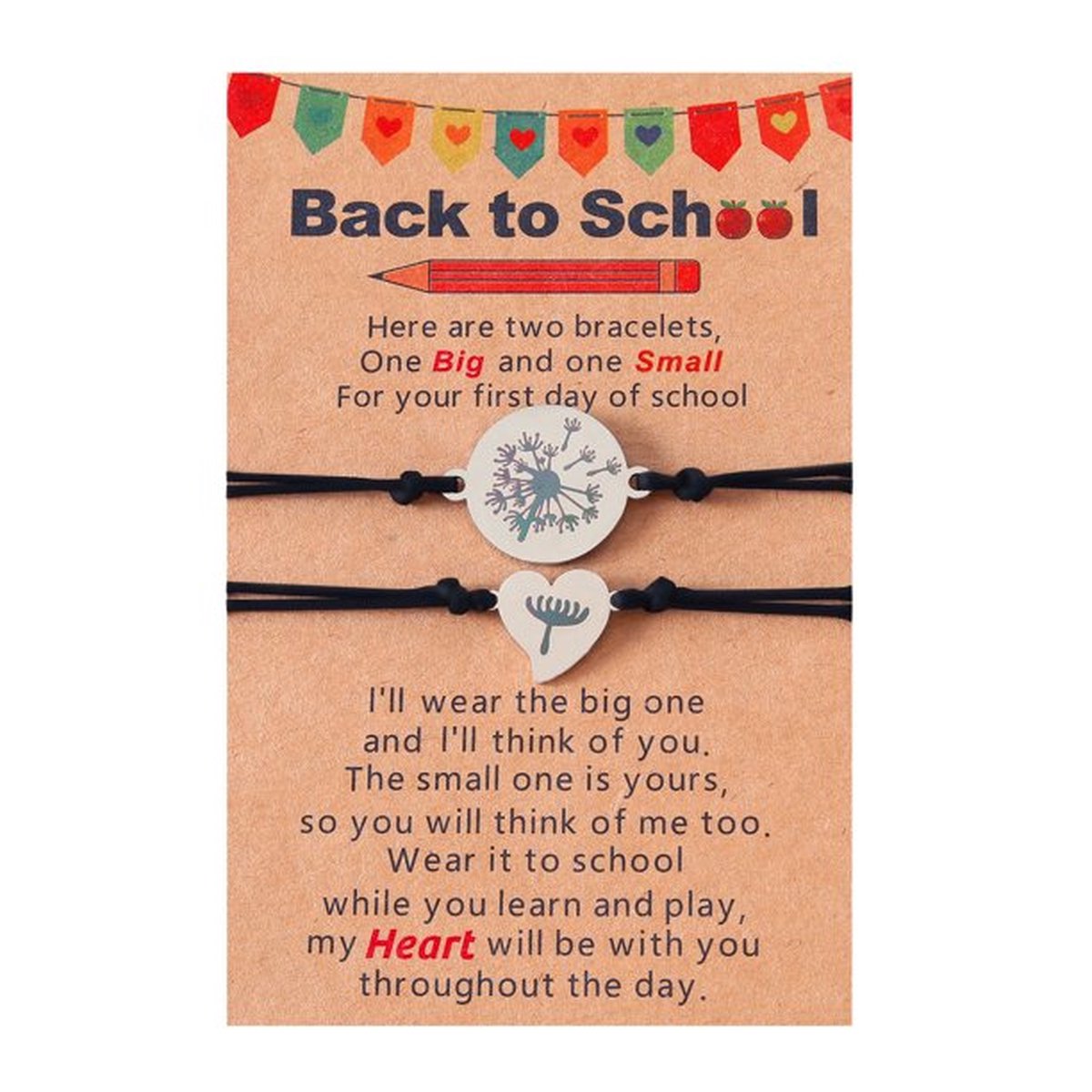 Vriendschapsarmbandjes voor 2 met Paardenbloem "Back to School" - Zwarte Bandjes - Terug naar School Cadeau - Pax Amare