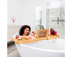 Luxe Bamboe Badrekje Uitschuifbaar met Boekenhouder / Tablethouder - Uitschuifbaar badrek van: 75 tot 110 cm - Bamboe Hout - Badplank met Boekenhouder + Plaats voor Kaars en Glas Wijn - Bamboe kleur