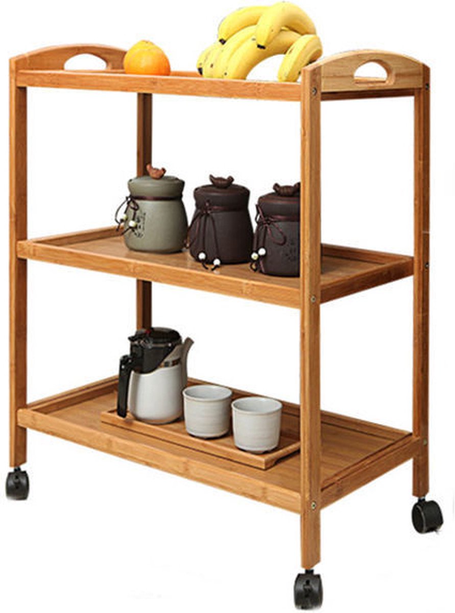 Decopatent® Keukentrolley op wieltjes - 3 laags bamboe houten keukenwagen - serveerwagen trolley met 4 wielen - keuken trolley