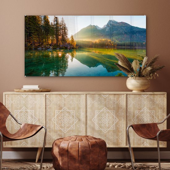 Peinture sur verre - Plaque acrylique - Lac - Water - Vert - Montagnes - Arbre - Décoration murale - Peinture sur verre - Verre acrylique - Photo sur verre - 120x60 cm - Peinture sur verre nature - Décoration murale