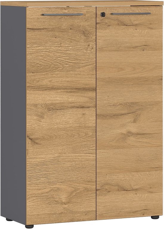 Lage dichte kantoorkast Ergonoma Eiken Grafiet - Breedte 80 cm - Hoogte 120 cm - Diepte 40 cm - Met planken - Met openslaande deuren