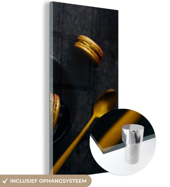 Glasschilderij - Macarons - Lepel - Goud - Zwart - Stilleven - 20x40 cm - Foto op glas - Muurdecoratie zwart goud