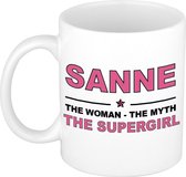 Naam cadeau Sanne - The woman, The myth the supergirl koffie mok / beker 300 ml - naam/namen mokken - Cadeau voor o.a verjaardag/ moederdag/ pensioen/ geslaagd/ bedankt