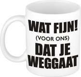 Wat fijn voor ons dat je weggaat pensioen koffiemok / theebeker - 300 ml - wit - kantoorhumor / VUT / pensioen - bedankt cadeau mok / beker voor collega