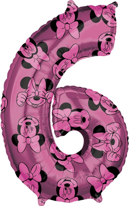 Roze cijfer 6 ballon met opdruk van Minnie Mouse, versierd met strikjes.