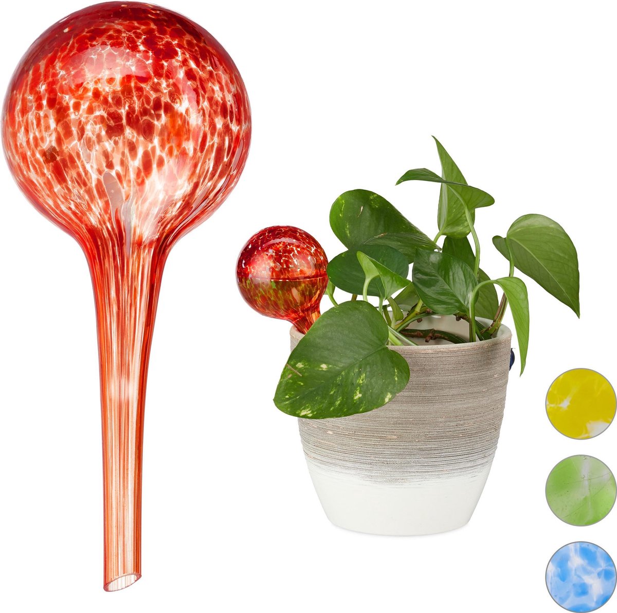 Relaxdays 2 x waterdruppelaar glas waterbollen voor planten Ø6cm – rood
