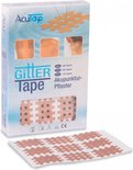 Verpakking AcuTop Gittertape met afbeeldingen van tape op huid. Bevat beige, blauwe en roze tape.