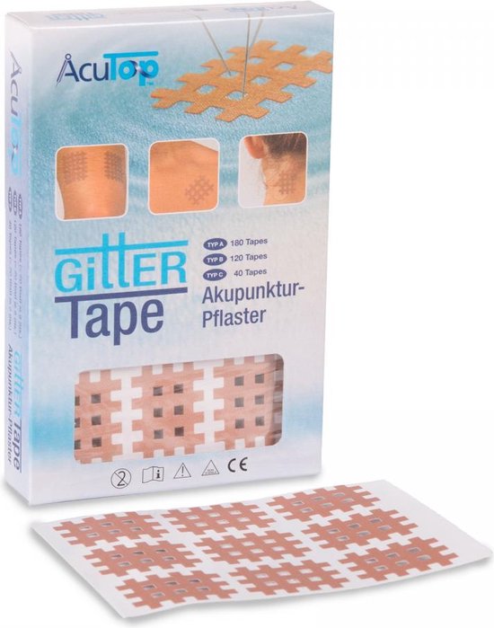 Verpakking AcuTop Gittertape met afbeeldingen van tape op huid. Bevat beige, blauwe en roze tape.
