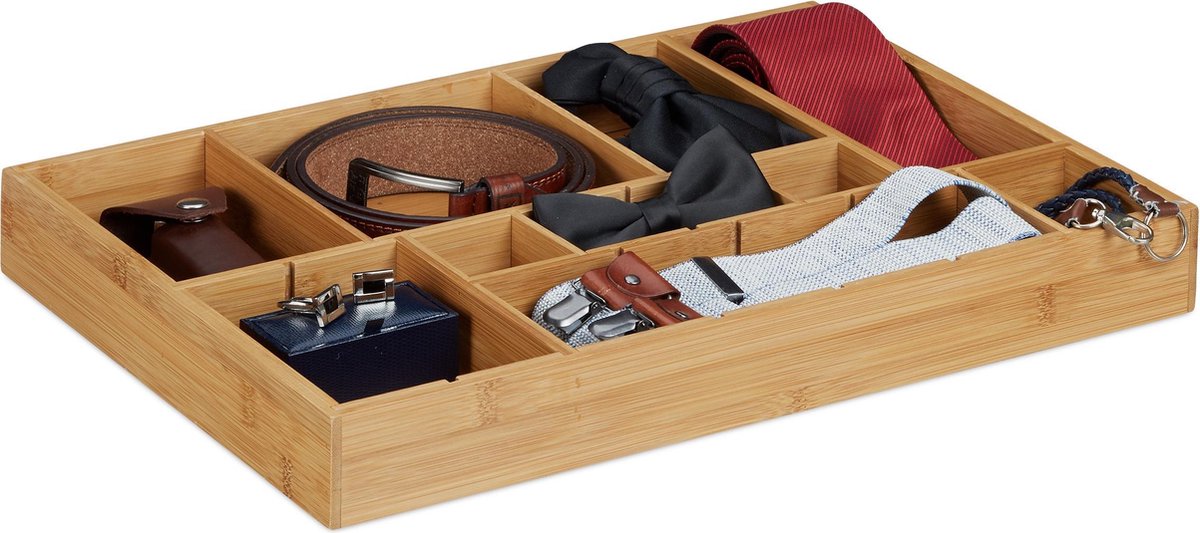 Relaxdays bestekbak uitschuifbaar, bamboe, grote bestekla, HBD 5,5 x 39 x 35,5 cm, organizer voor besteklades, natuur