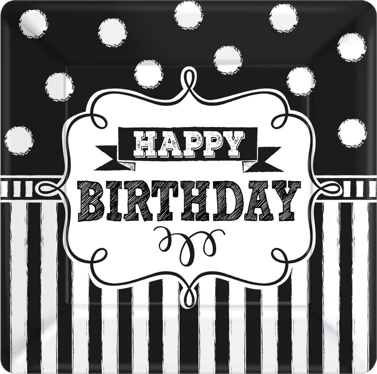 8 borden zwart/wit Happy Birthday vierkant karton 25,4cm