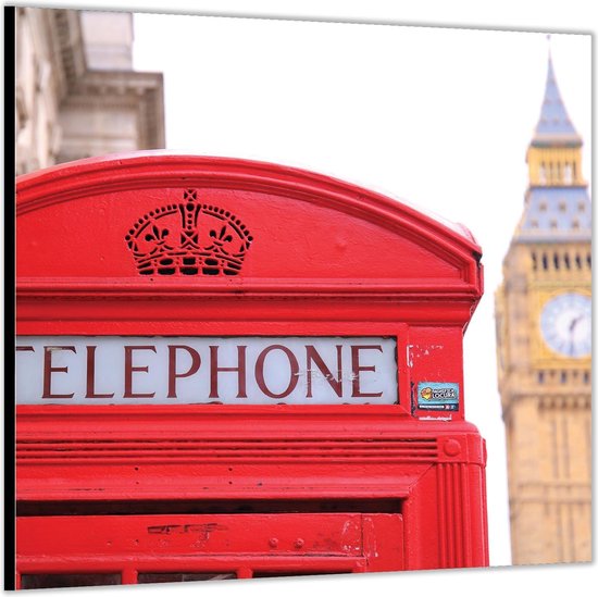 Dibond –Telefooncel bij Big Ben - Londen– 80x80 Foto op Aluminium (Met ophangl)