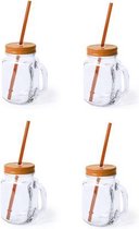 4x stuks Glazen Mason Jar drinkbekers oranje dop en rietje 500 ml - afsluitbaar/niet lekken/fruit shakes