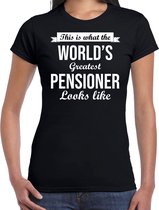 This is what the worlds greatest pensioner looks like / pensioen cadeau t-shirt / shirt - zwart met witte letters - voor dames - Pensioen / VUT kado shirt 2XL