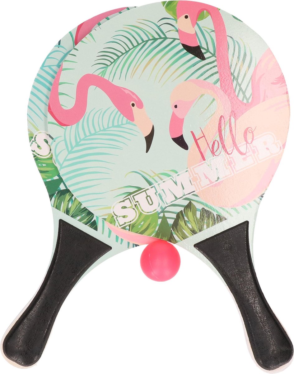Zwarte beachball set met flamingoprint buitenspeelgoed - Houten beachballset - Rackets/batjes en bal - Tennis ballenspel - Merkloos