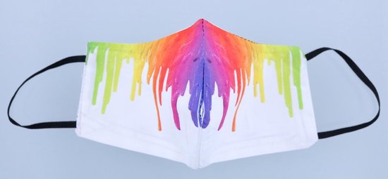 Mondkapje wasbaar van katoen - 2 laags met elastiek Wit met Regenboog druppels