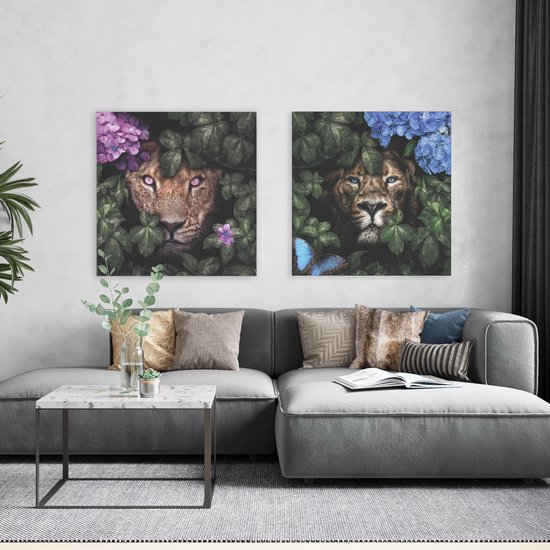 Canvas Schilderij Leeuw en Leeuwin Stel | 60 x 60 cm | PosterGuru