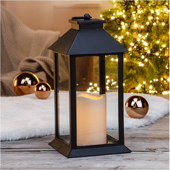 1x Zwarte LED verlichting decoratie lantaarns met kaars 33 cm -  Woondecoratie lantaarn... | bol.com