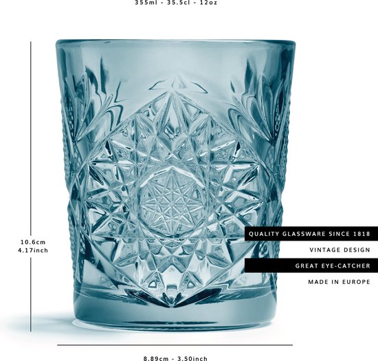 Blauw glas met geometrisch patroon, 10.6cm hoog, 8.89cm breed.