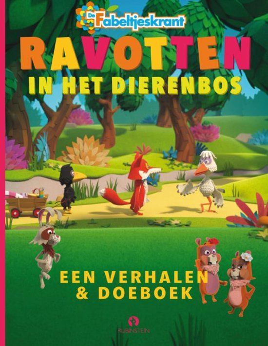 Boekomslag met de titel 'De Fabeltjeskrant - Ravotten in het Dierenbos', met vrolijke illustraties van dieren.