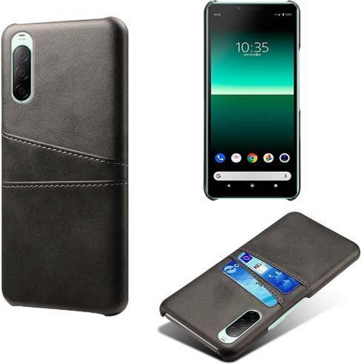 Back Cover met Opbergvakjes + Gehard Glas Screenprotector voor Sony Xperia 10 II _ Zwart
