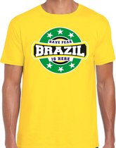 Have fear Brazil is here t-shirt met sterren embleem in de kleuren van de Braziliaanse vlag - geel - heren - Brazilie supporter / Braziliaans elftal fan shirt / EK / WK / kleding L