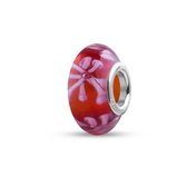 Quiges - Glazen - Kraal - Bedels - Beads Rood met Roze Sterretjes Past op alle bekende merken armband NG536