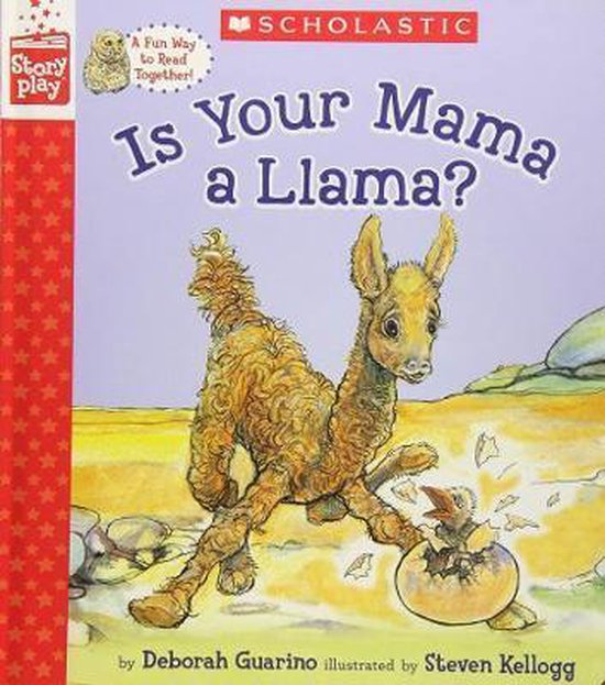 Boek 'Is Your Mama a Llama?' met een lama en een kuiken dat uit een ei komt.