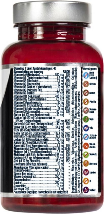 Achterkant van een rode fles met zilverkleurige dop met de ingrediëntenlijst.