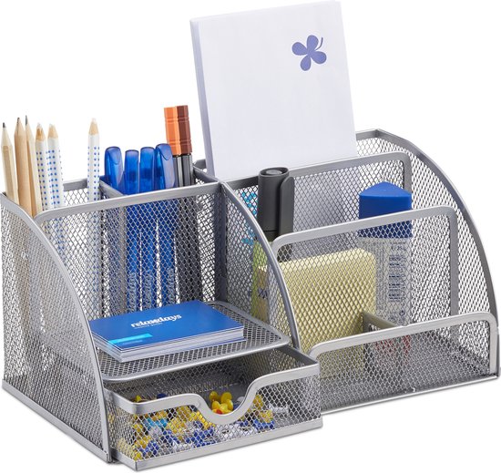 pennenbak-6-vakken-met-lade-bureau-organizer-metaal-zilver-bol