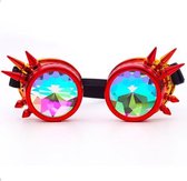 KIMU Goggles Steampunk Bril Met Spikes - Rood Geel Montuur - Caleidoscoop Glazen - Olie Spacebril Space Caleidoscope - Vuur Poi Rave Festival