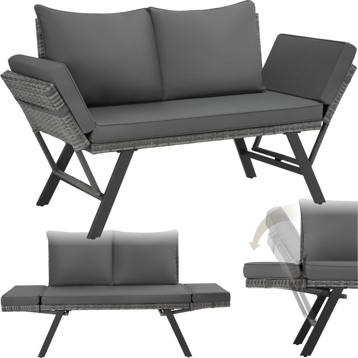 tectake® 2-in-1 Wicker Tuinbank Sintra - Verstelbare Leuningen - Tuinset - Ligbed - Balkon Loungebank - Incl. Kussens - Outdoor Loungesofa - UV- en Weerbestendig Zonnebed - Grijs