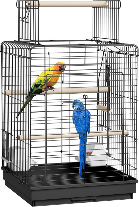 Cage à oiseaux NAIZY avec toit ouvrant, 40 x 40 x 58 cm, cage à perruches avec mangeoire et perchoir en bois, pour perruches et canaris
