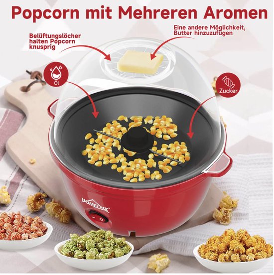 HOMELUX Popcornmachine 450W - Met suiker functie - Snelle en vetvrije popcorn in 3 minuten - 2,5L - Antiaanbaklaag - Gemakkelijk schoon te maken - Ideaal voor thuis — afbeelding 2