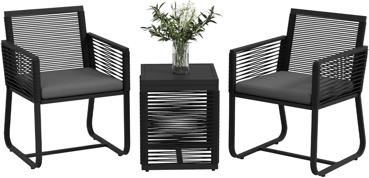 Outsunny Rattan Gartenmöbel-Set PE Rattan, Polyester Schwarz Schwarz;Grau