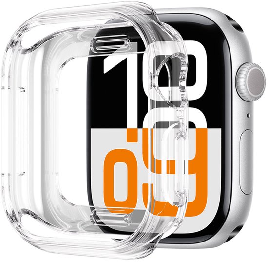 Doorzichtig siliconen hoesje, half op een Apple Watch 42mm geschoven.