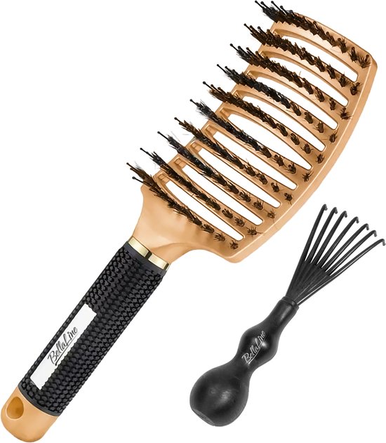 BellaLine - Anti klit Haarborstel - Goud - Detangling - Hair brush - Gold – Detangler brush - Kappers borstel - Ronde - Haarborstel - varkenshaar - tangle - zwijnenhaar - goud/zwart Nylon - Föhn - Verzorging - Haargroei - Hoge kwaliteit
