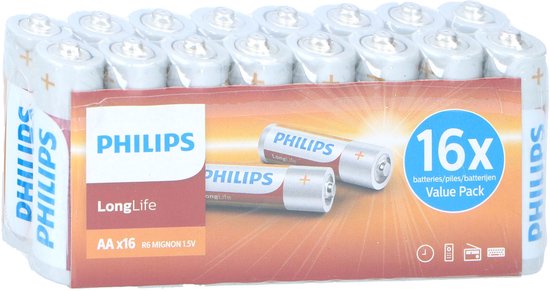 Piles Philips LongLife AA, lot de 16.