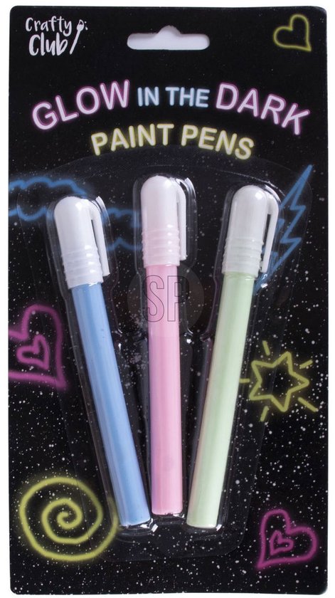 Drie glow-in-the-dark stiften in blauw, roze en groen in een verpakking met een zwarte achtergrond en neonkleurige tekeningen.