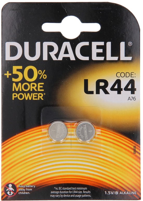 Duracell LR44 batterijen, 1.5V, in verpakking met oranje en geel gloeiend patroon.