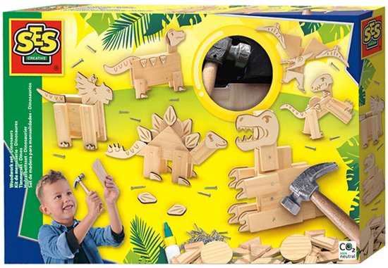 SES Creative - Timmerset - Dinosaurus - Montessori Speelgoed Jongens - met echte hamer, spijkers en voorgezaagde houten plankjes - knutselen jongens - Dinosaurus Speelgoed