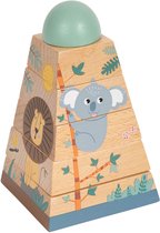 Houten stapeltoren met jungle dieren zoals een leeuw en een koala, bekroond met een mintgroene halve bol.