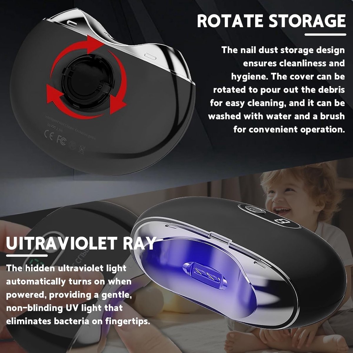 nagelvijl electrisch-nagelvijl electrisch baby-nagel vijl electrisch-Automatische nageltrimmer met 3 snelheden-Oplaadbare elektrische nagelknipper-Opslag met nagelfragmenten (zwart) — cadeau in Cadeau-ideeën - foto 2