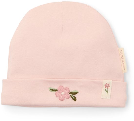 Lichtroze babymuts met geborduurde bloem en Little Dutch label.