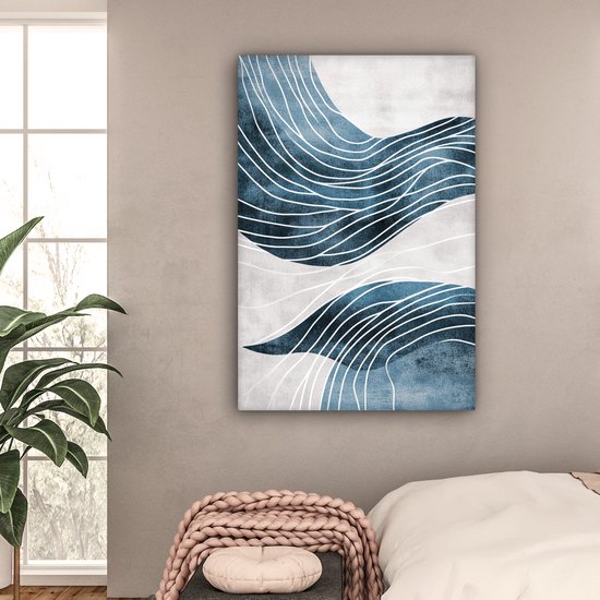 Tableau sur toile 80x120 cm - Décoration murale exclusive Lignes - Vagues - Abstrait - Blauw - Décoration murale salon - Décoration chambre - Accessoires chambre - Peintures sur toile