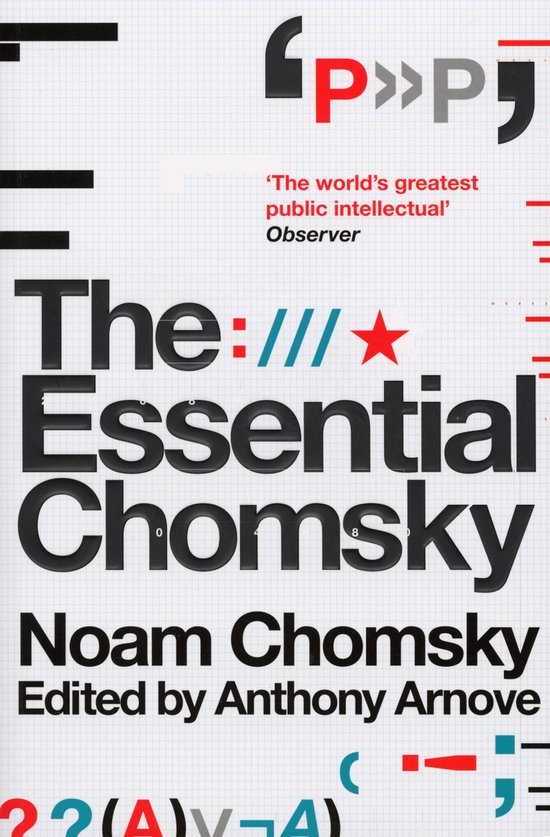 Boekomslag met de titel 'The Essential Chomsky' in grote zwarte letters. Daarboven staat 'The world's greatest public intellectual' Observer.