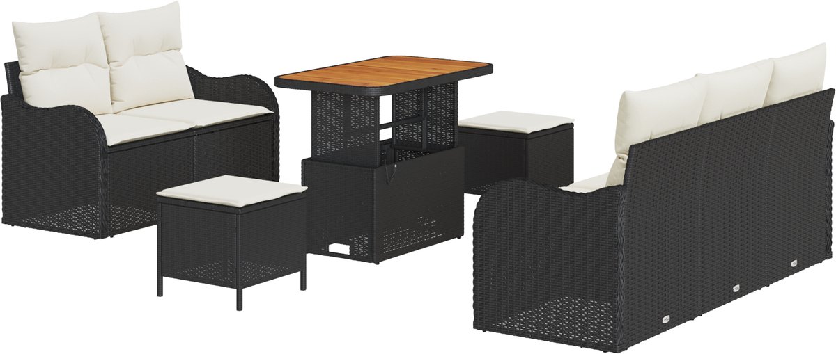 vidaXL - Tuinbank - Set - met - kussen - 8 - pcs - Zwart - poly - rattan