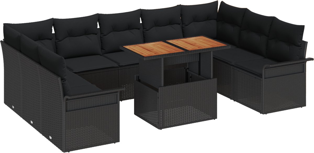 vidaXL - Tuinbank - Set - 10 - pcs - Zwart - Poly - rattan - en - gepoedercoat - staal